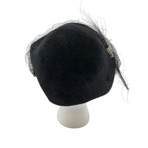Vintage Black Wool Hat Mesh Feather Rhinestone Details *READ main image 8